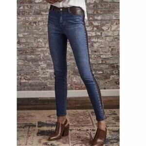 Ecru Faux Leather Tuxedo Stripe Skinny Jeans 28 Moto Side Panel Blue Denim Edgy